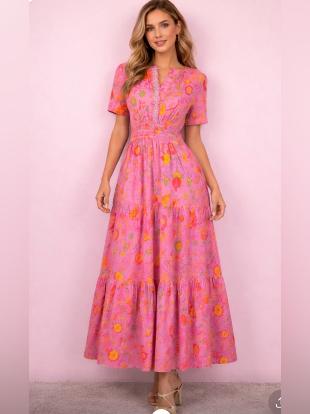 Pink Floral Maxi Dress with Short Sleeves